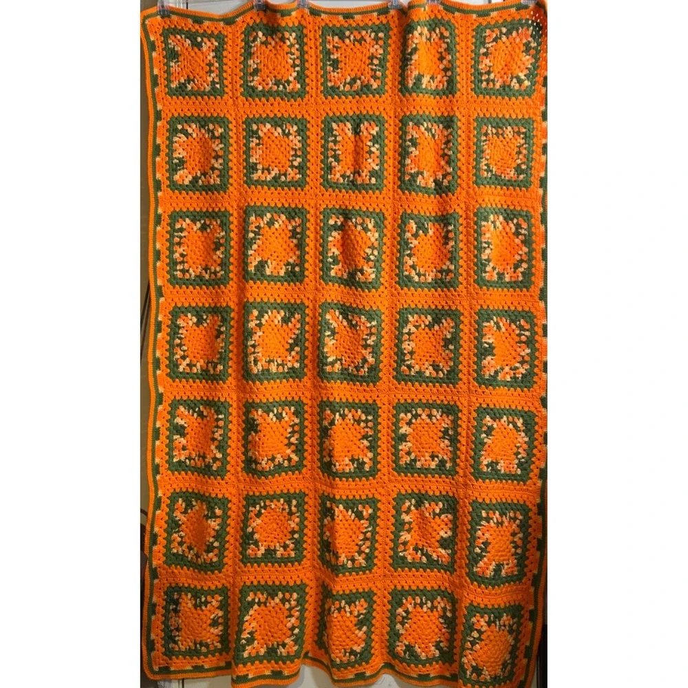 Vtg Granny Square Afghan Crocheted Blanket Orange Green 70s 48x73 Hippie Boho‎